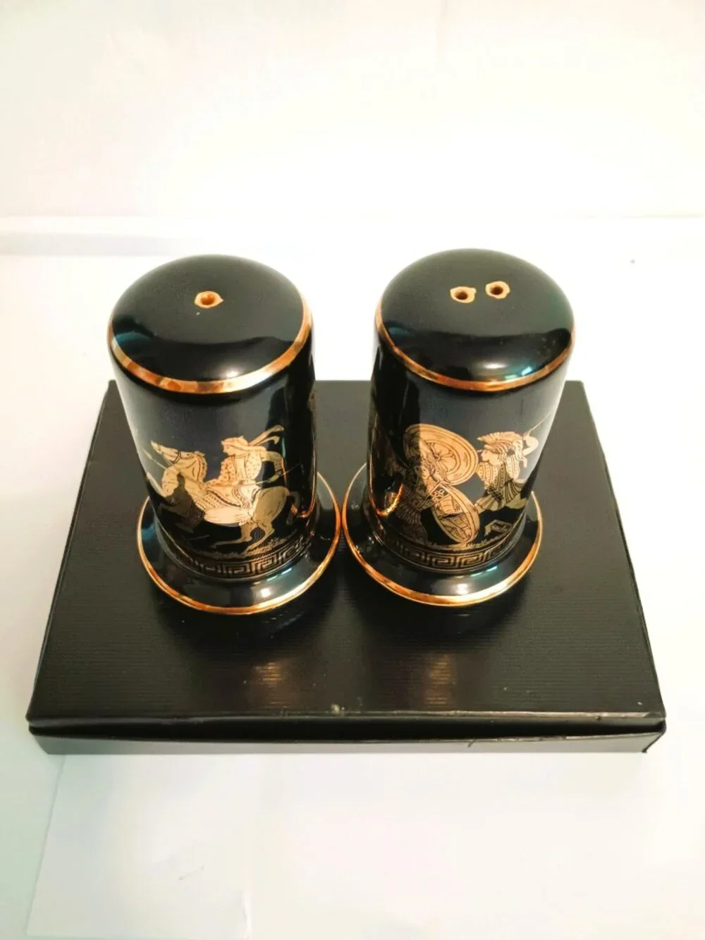 Greek Key Salt & Pepper Shakers Vintage Black with 24K Gold Trim